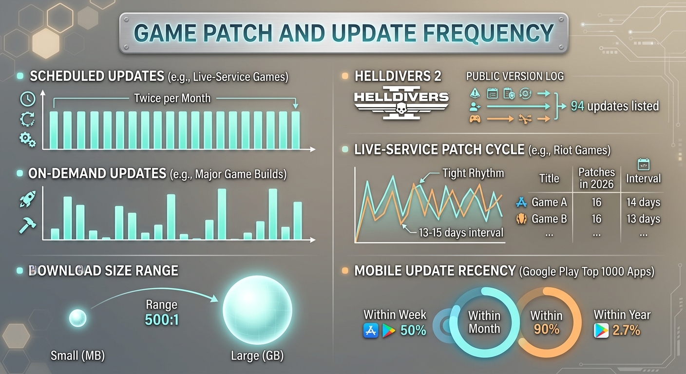 Game patch and update statistics 2026 showing patch frequency, download sizes, and update trends across PC and mobile games.