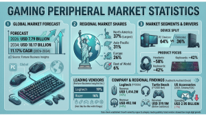 Gaming peripheral market statistics for 2026 showing the USD 7.79 billion global forecast, regional shares led by North America, PC versus console split, and reported revenue from Logitech, Corsair and Turtle Beach.