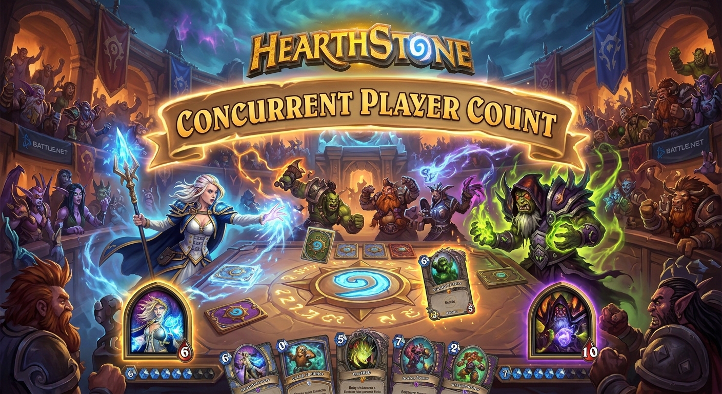 Hearthstone player count and statistics 2026 showing concurrent players, monthly active users, revenue, Twitch viewership, and regional player distribution.