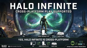 Halo Infinite cross-platform guide showing Xbox One, Xbox Series X|S, and PC crossplay, cross-save support, multiplayer compatibility, and co-op features.