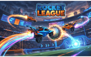 Rocket League crossplay guide for 2026 showing PC, PlayStation, Xbox and Nintendo Switch players sharing one matchmaking pool, with Epic account cross-progression and Sideswipe kept separate on mobile.
