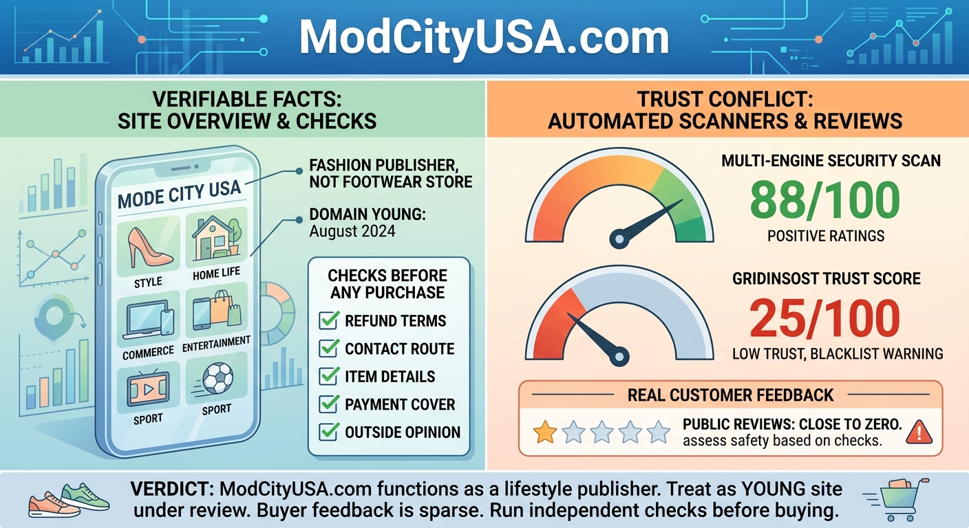 ModCityUSA.com 2026 legitimacy and safety overview showing security scanner scores, buyer review availability, domain age, shopping checks, and online purchasing risks.