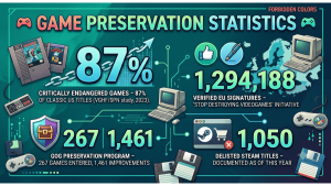 Game preservation statistics for 2026 covering the 87% of classic US games out of print, Stop Killing Games petition signatures, GOG Preservation Program totals, and documented delistings across Steam and Switch.