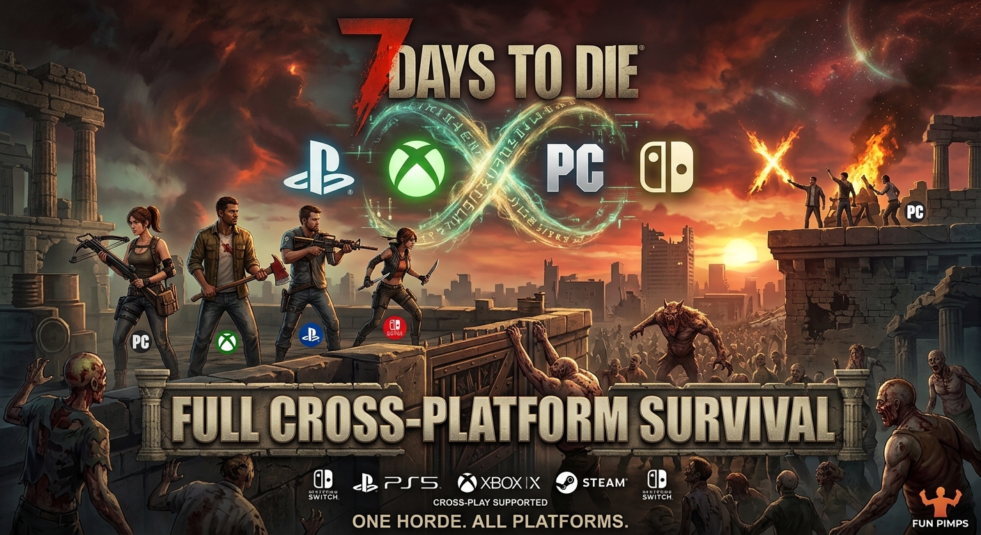 7 Days to Die cross-platform multiplayer guide showing supported PC, PlayStation 5, Xbox Series X|S, crossplay, and cross-save details.