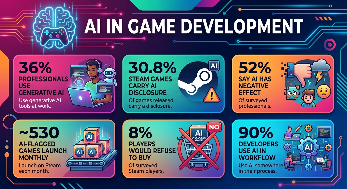 AI in Game Development Statistics 2026 showing developer AI adoption, Steam AI disclosures, game sales performance, and player and developer sentiment.