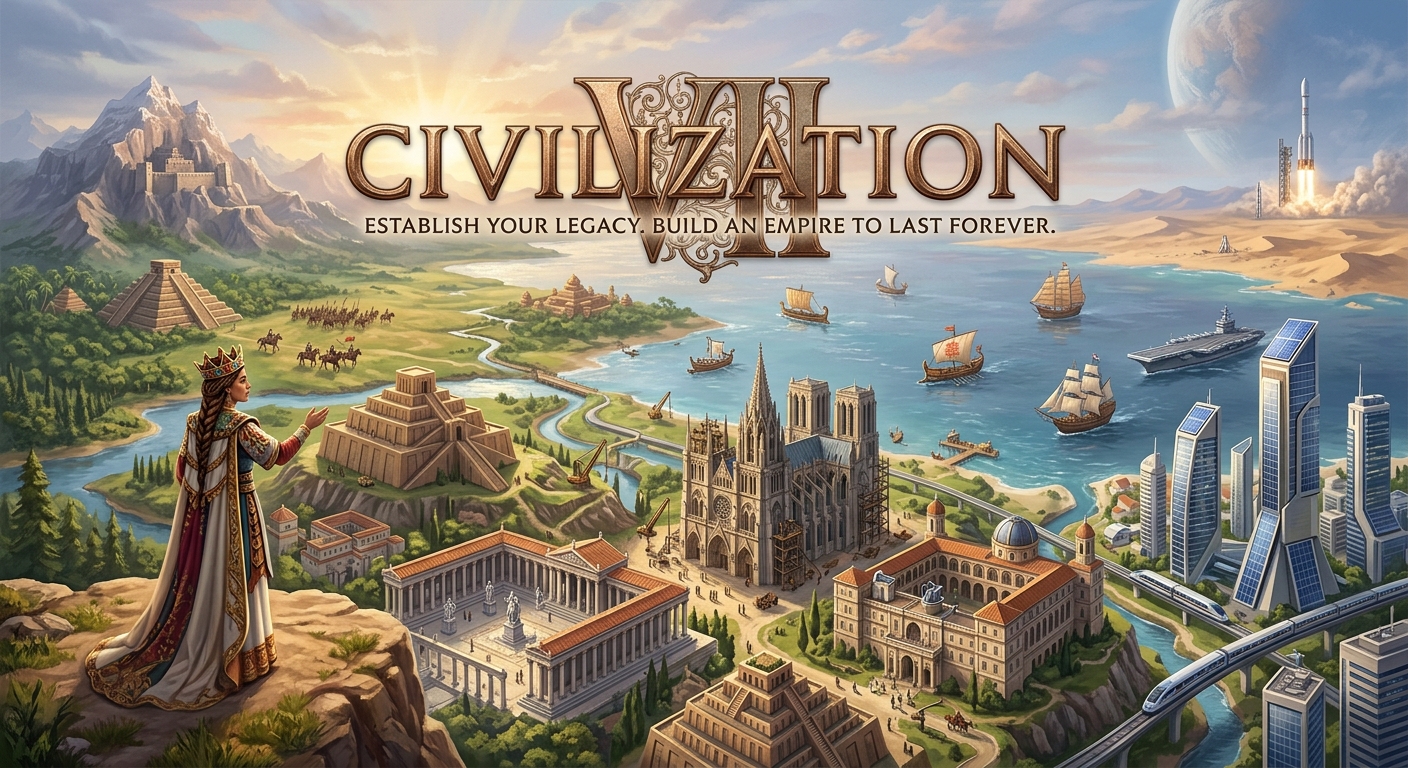 Civilization VII live player count and 2026 statistics showing Steam players, peak concurrency, monthly averages, owner estimates, reviews, Twitch viewership, and platform coverage.