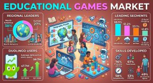 Educational games market statistics for 2026 showing market size forecasts, regional revenue share, leading segments, Duolingo users and revenue, K-12 growth, and player skill data.