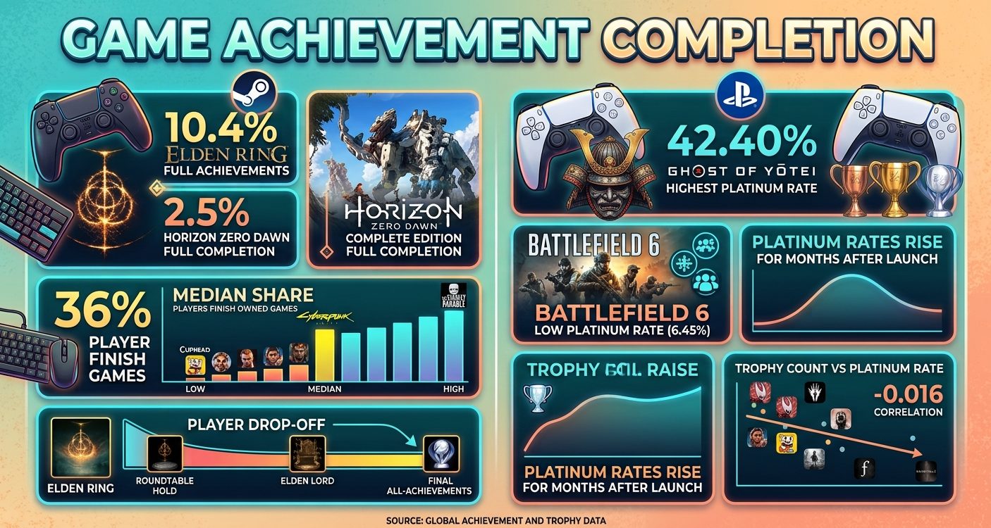 Game achievement completion statistics for 2026 showing Steam 100% achievement rates, ending rates, PlayStation platinum rates, and trophy completion trends.