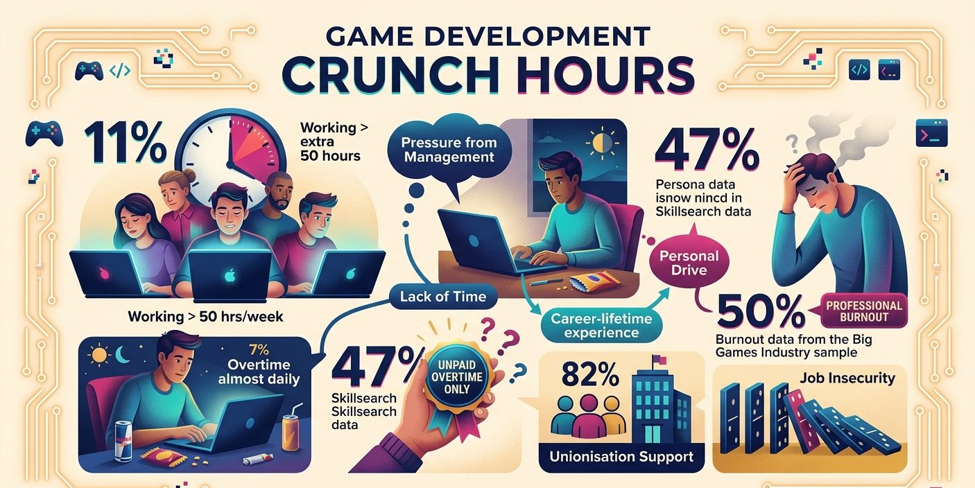 Game development crunch hours statistics for 2026 showing weekly work hours, overtime frequency, burnout, unpaid overtime, seniority differences, and industry trends.