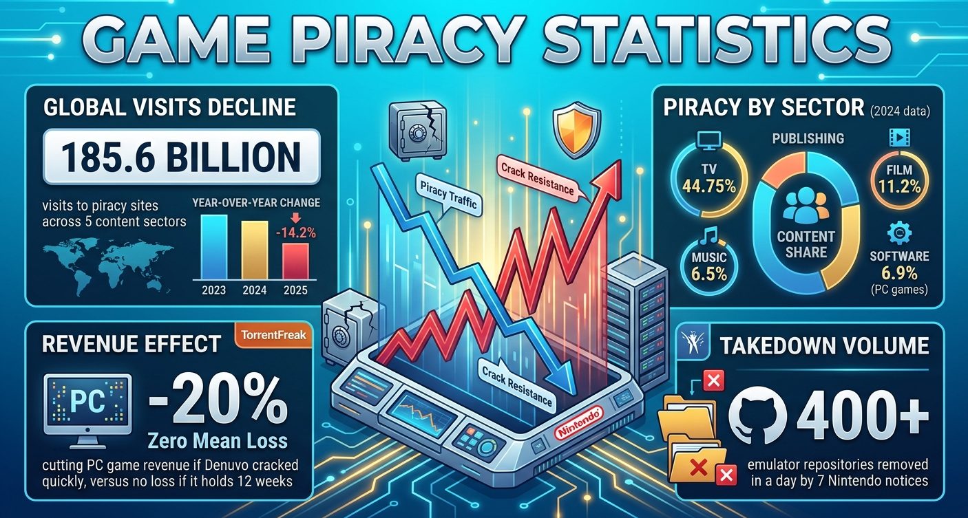 Game piracy statistics for 2026 showing piracy traffic, Denuvo crack timelines, GitHub takedowns, and court damages related to game piracy.