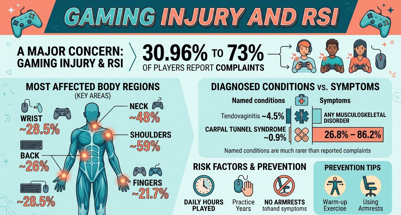 Gaming injury and RSI statistics for 2026 showing injury prevalence, affected body regions, diagnoses, risk factors, musculoskeletal disorder ranges, and esports player data.