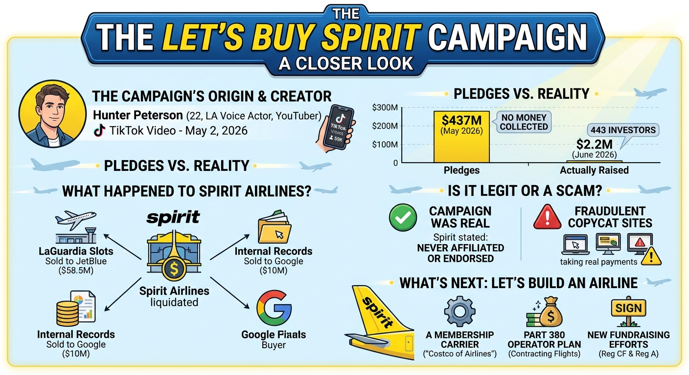Let's Buy Spirit legitimacy guide showing the campaign's pledge totals, founder Hunter Peterson, copycat sites, Spirit Airlines asset sales, and the transition to Let's Build An Airline.