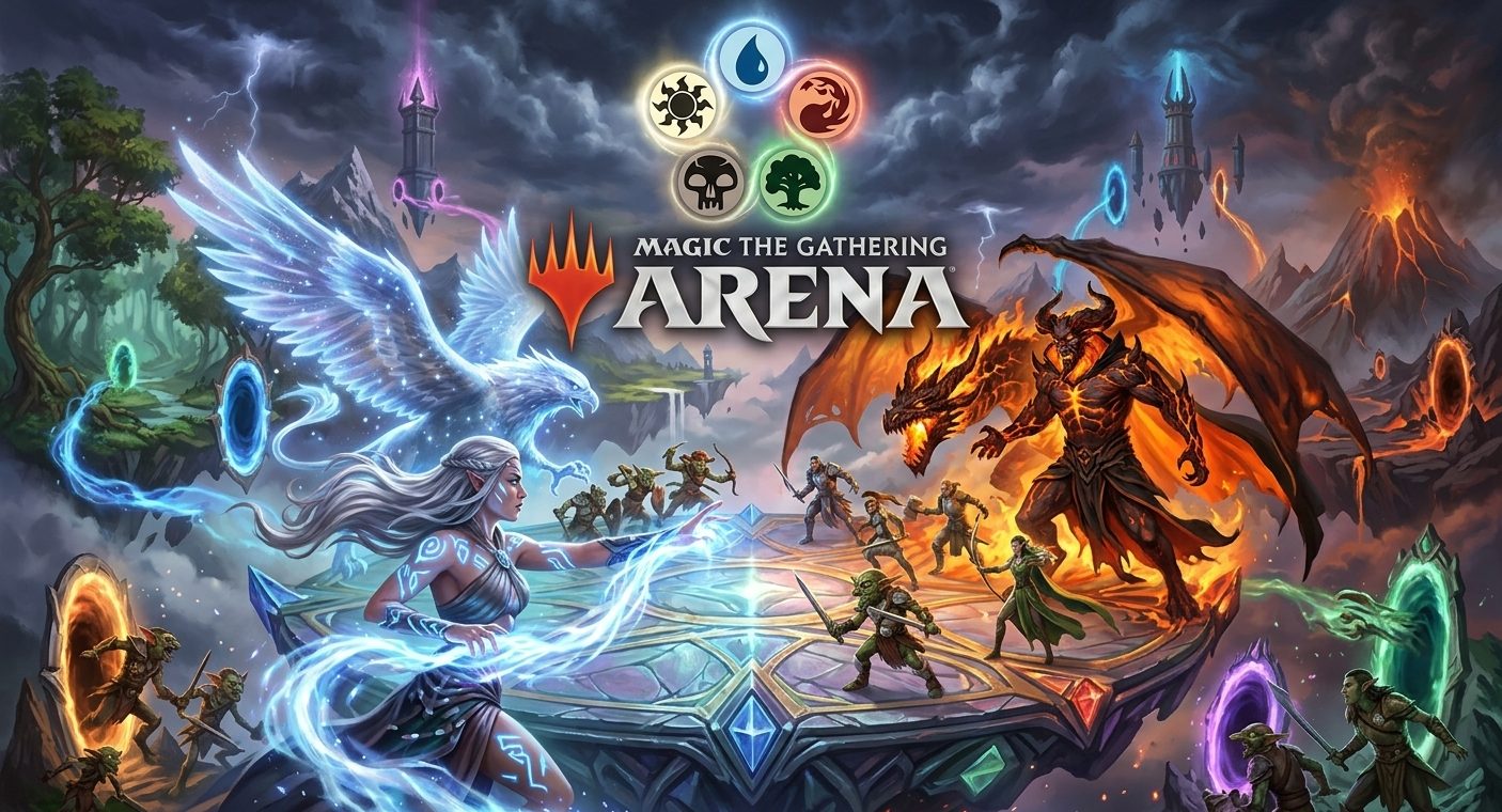 Magic: The Gathering Arena player count statistics for 2026 showing live Steam players, monthly averages and peaks, downloads, reviews, and Hasbro revenue data.