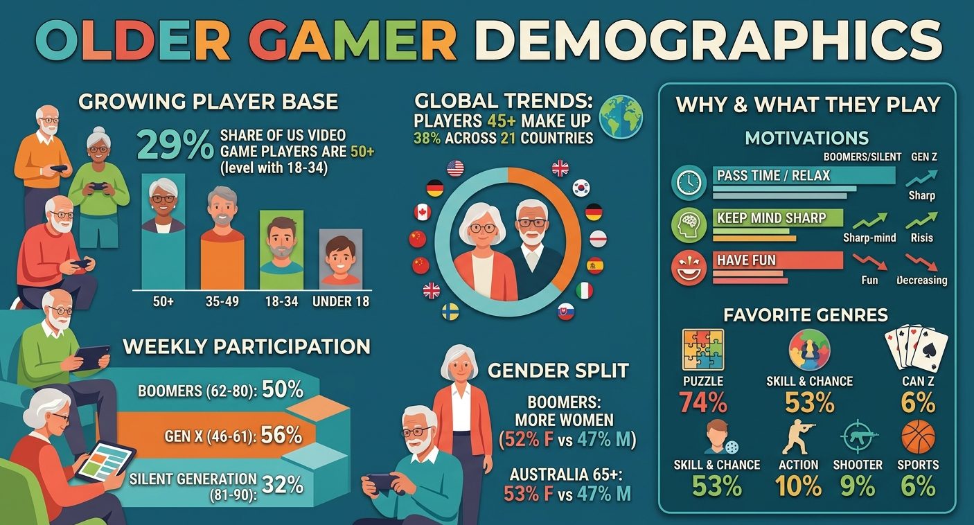 Older gamer demographics and statistics for 2026 showing age distribution, weekly participation, gender, motivations, genres, country data, and representation of older characters in games.