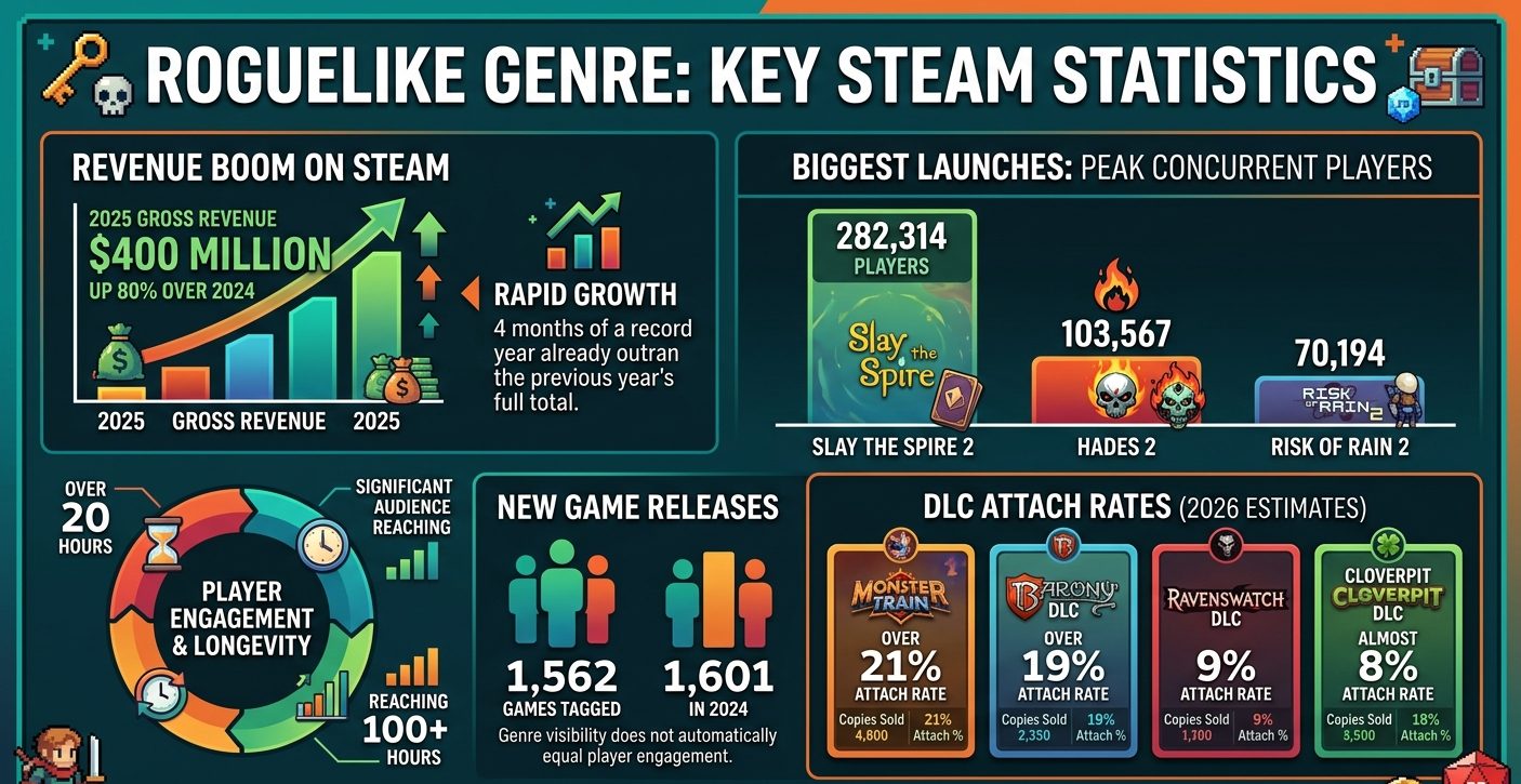 Roguelike genre statistics for 2026 showing Steam revenue, game releases, launch-day player peaks, Slay the Spire 2 sales, playtime, wishlist conversion, and DLC attach rates.