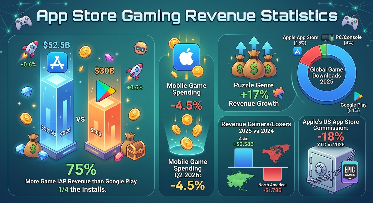 App Store gaming revenue statistics for 2026 showing game IAP revenue, downloads, genre trends, publisher revenue, advertising spend, Apple commissions, and global gaming forecasts.