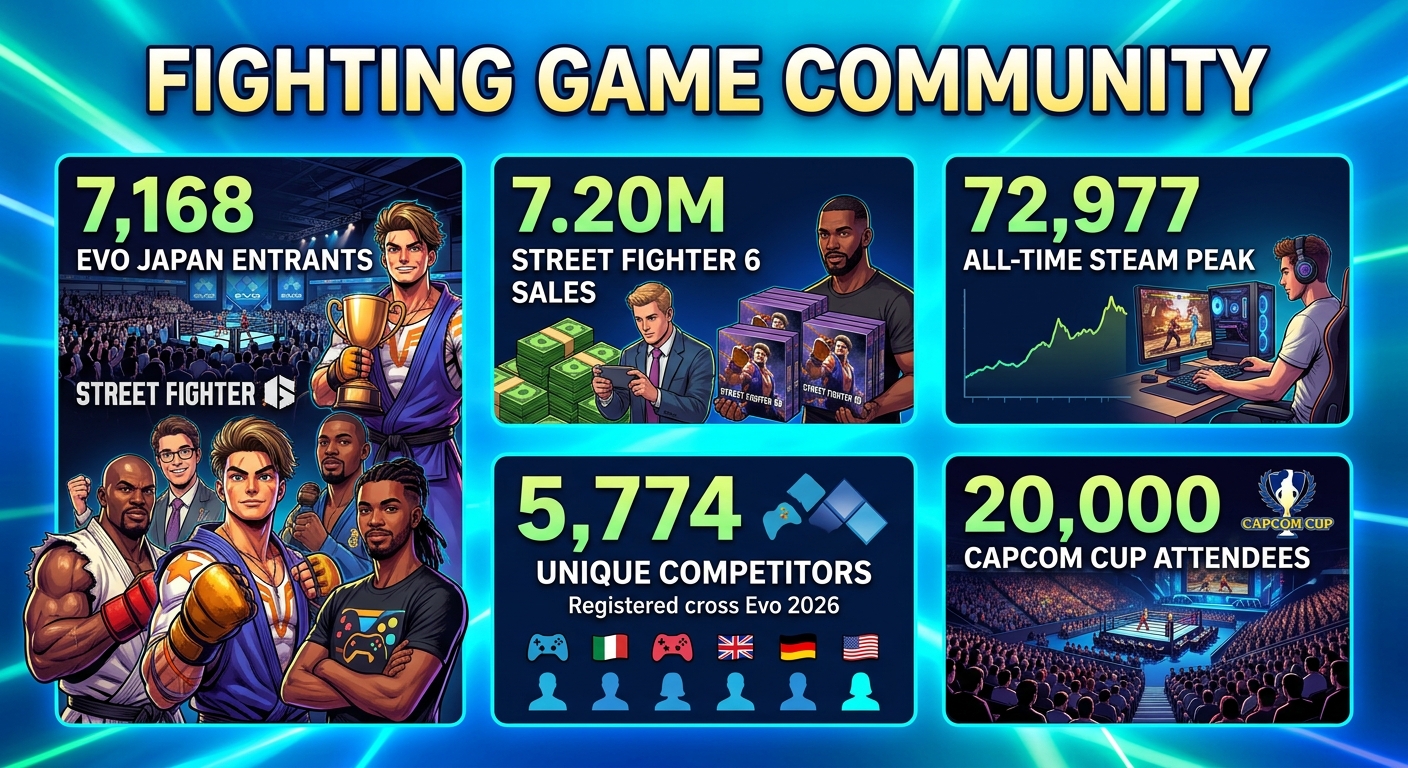 Fighting Game Community statistics for 2026, highlighting Evo and Evo Japan entrant records, Street Fighter 6 sales and Steam peaks, Capcom Cup viewership, Combo Breaker attendance, and major fighting game esports trends.