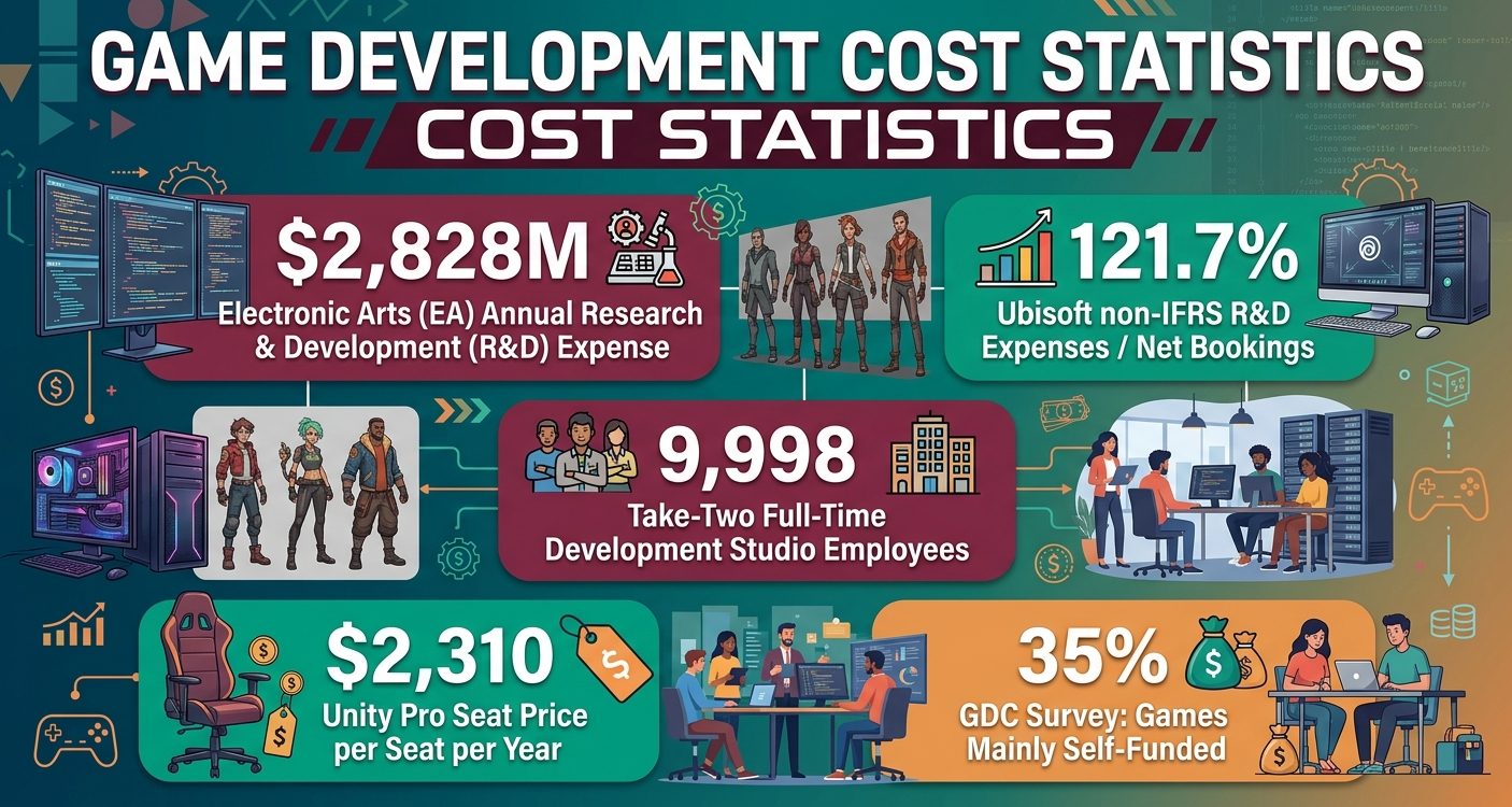 Game development cost statistics for 2026 showing AAA budgets, publisher R&D spending, engine fees, funding sources, and development expenses.