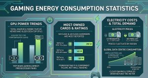 Gaming energy consumption statistics for 2026 covering GPU power ratings, electricity costs, Steam hardware shares, and data centre energy use.