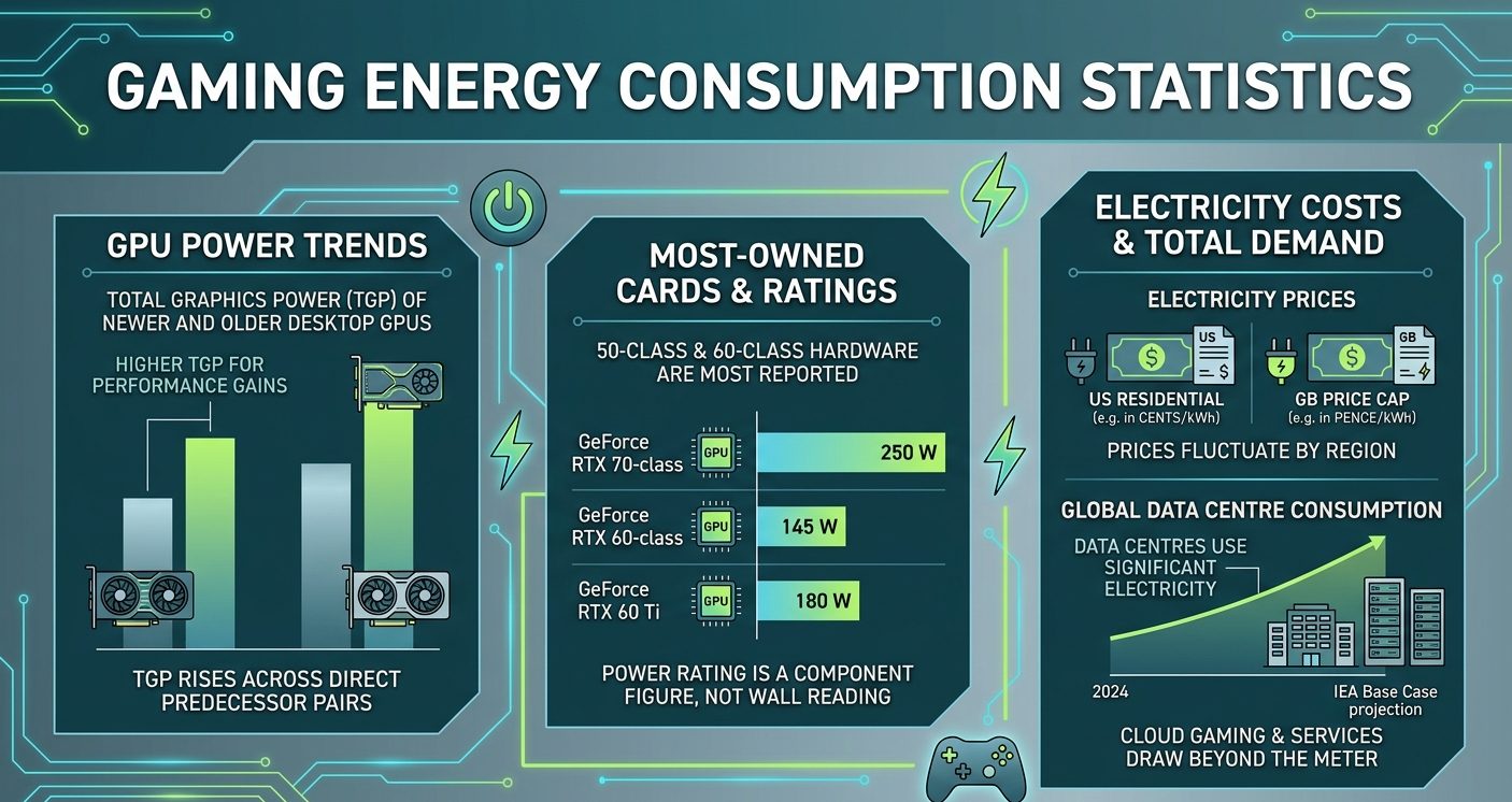 Gaming energy consumption statistics for 2026 covering GPU power ratings, electricity costs, Steam hardware shares, and data centre energy use.