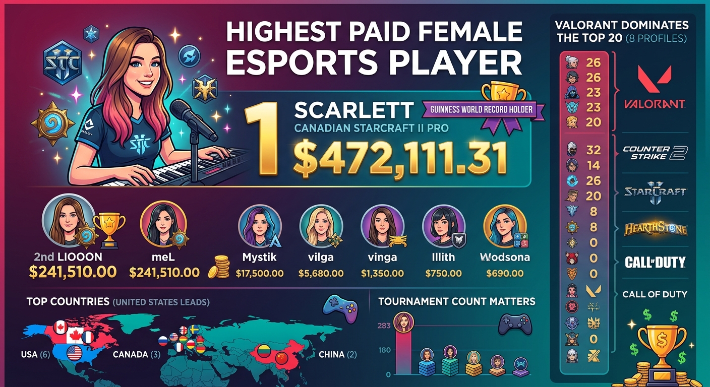 Top 20 female esports players in 2026 ranked by career prize money, showing earnings, countries, games, tournament counts, and highest single payouts.