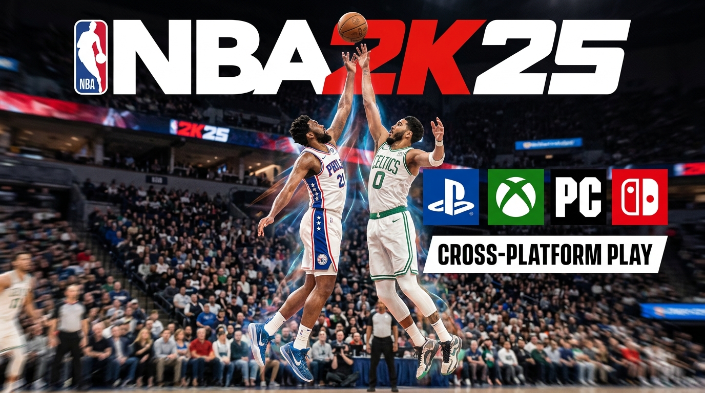NBA 2K25 crossplay guide for 2026 showing supported PS5 and Xbox Series X|S platforms, cross-generation play, PC and Switch restrictions, and cross-save limitations.