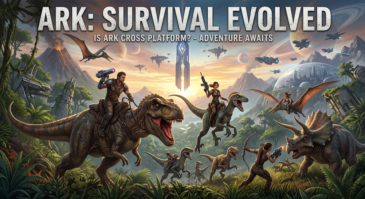 ARK crossplay guide showing Survival Ascended platform compatibility, PS5, Xbox, PC, cross-save limitations, official PvP restrictions, private servers, and mobile separation.