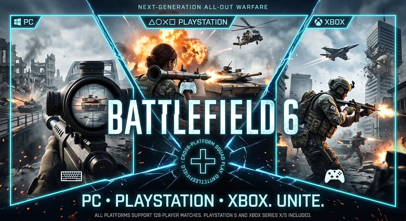 Battlefield 6 crossplay and cross-platform compatibility guide showing PC, PS5, and Xbox Series X|S players.