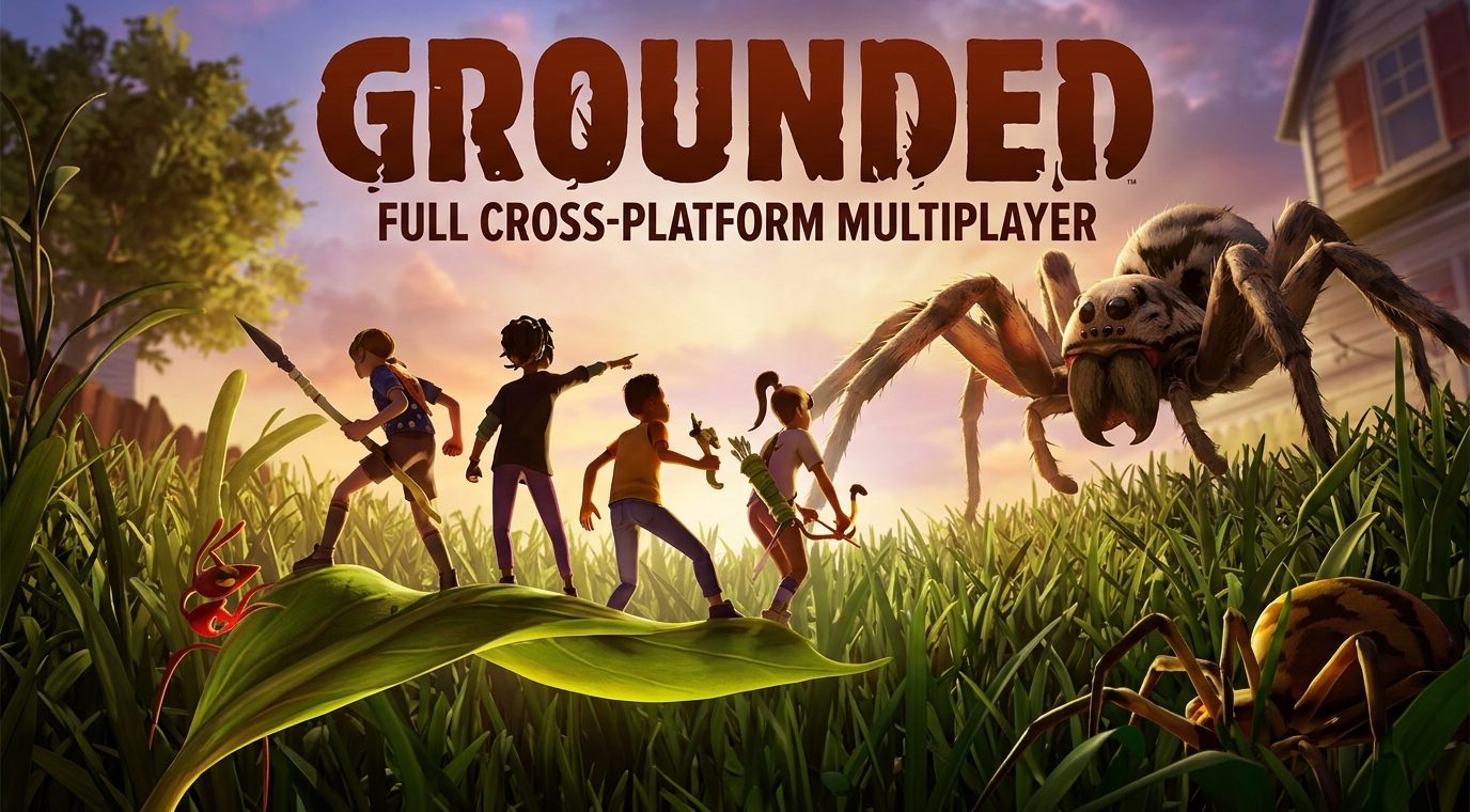 Grounded crossplay guide showing Xbox, PC, PlayStation, and Nintendo Switch compatibility, cross-save support, cross-generation multiplayer, and platform limitations in 2026.