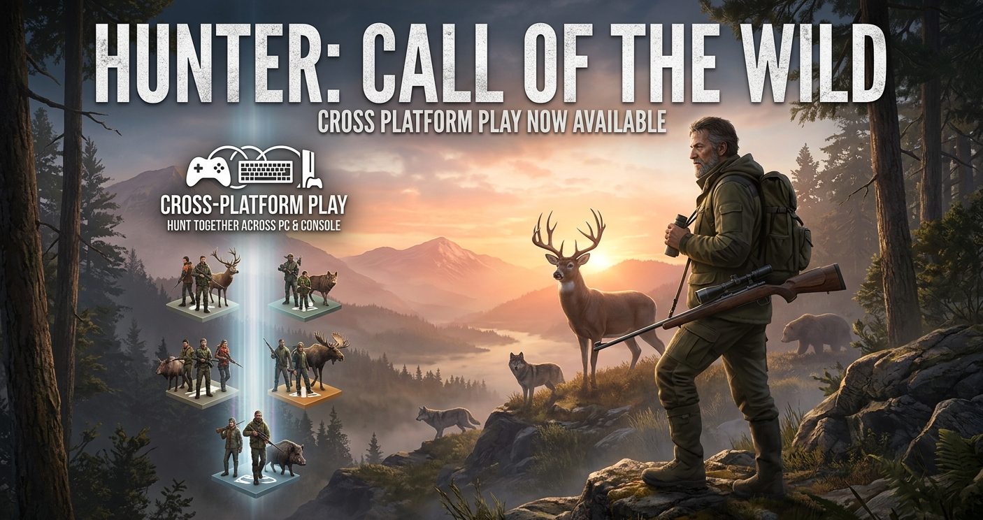 theHunter: Call of the Wild crossplay guide showing supported platforms, PC crossplay, console multiplayer, cross-save limitations, and cross-generation support.