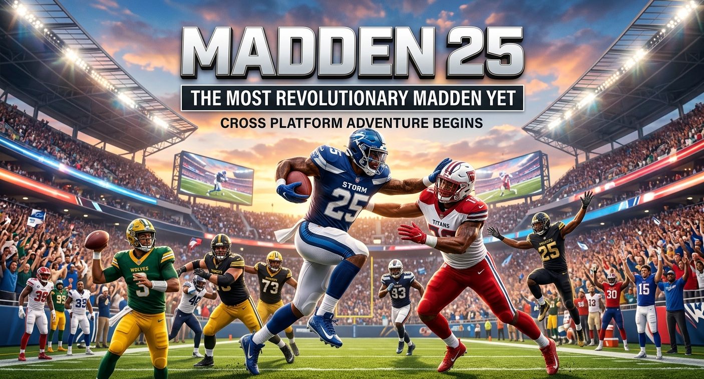 Madden 25 crossplay guide showing PS5, Xbox Series X|S, PC compatibility, cross-save limitations, last-gen separation, and multiplayer support.