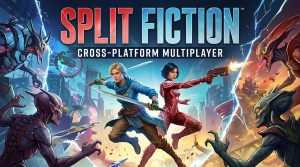 Split Fiction crossplay guide showing PC, PS5, Xbox Series X|S, and Nintendo Switch 2 compatibility, Friend's Pass, and cross-save limitations.