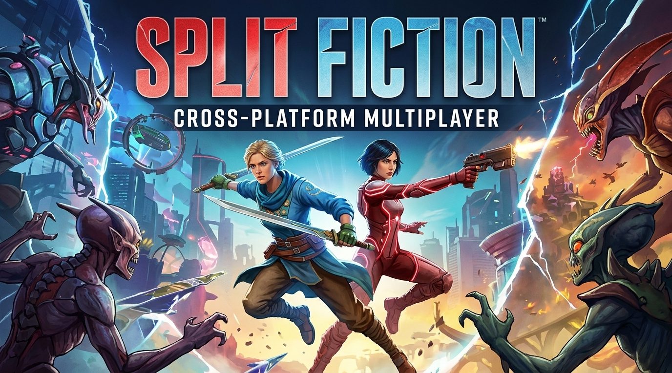 Split Fiction crossplay guide showing PC, PS5, Xbox Series X|S, and Nintendo Switch 2 compatibility, Friend's Pass, and cross-save limitations.