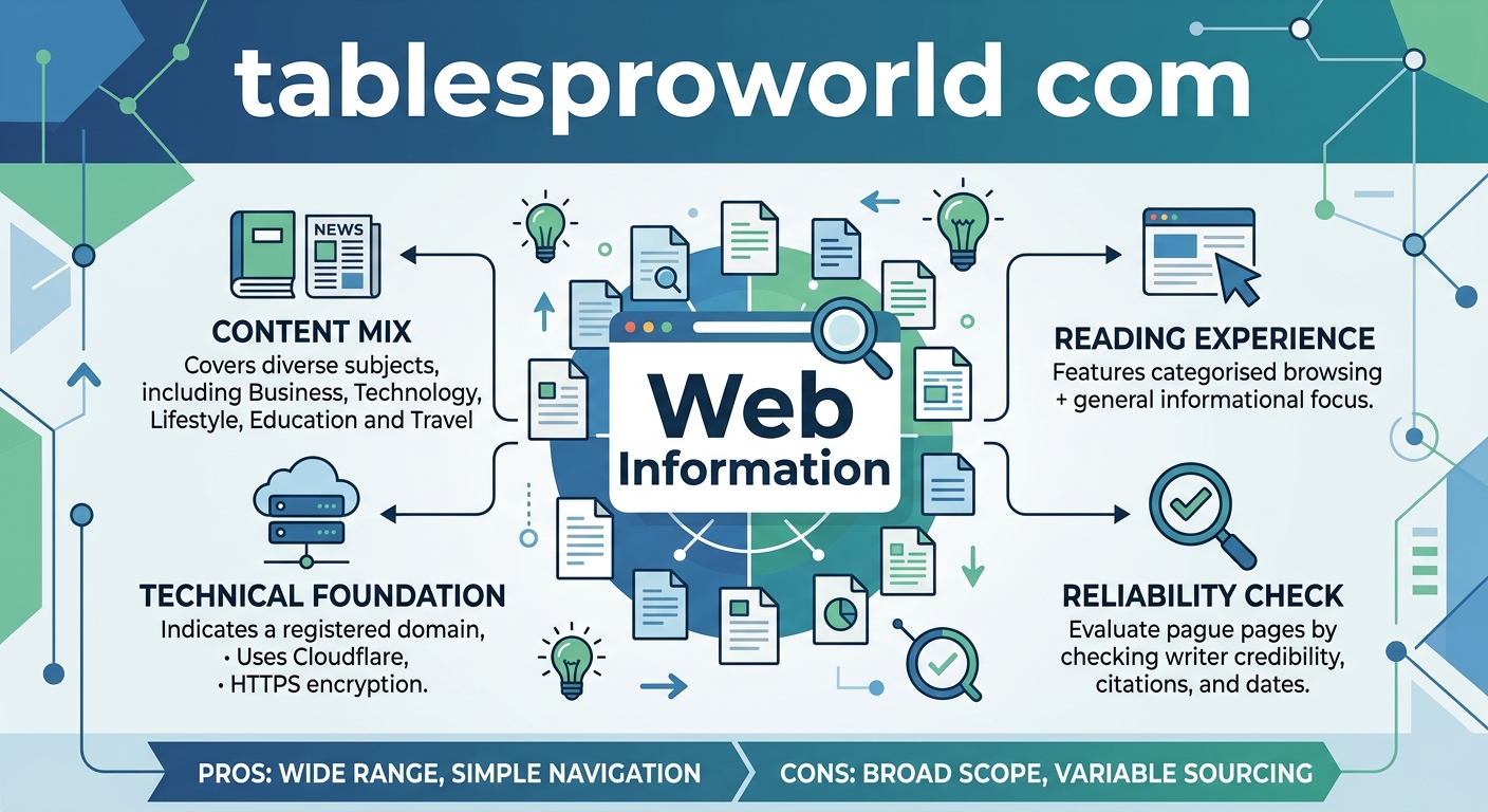 Tablesproworld com guide showing its content categories, domain registration details, safety considerations, writing quality, pros and cons, and credibility assessment.