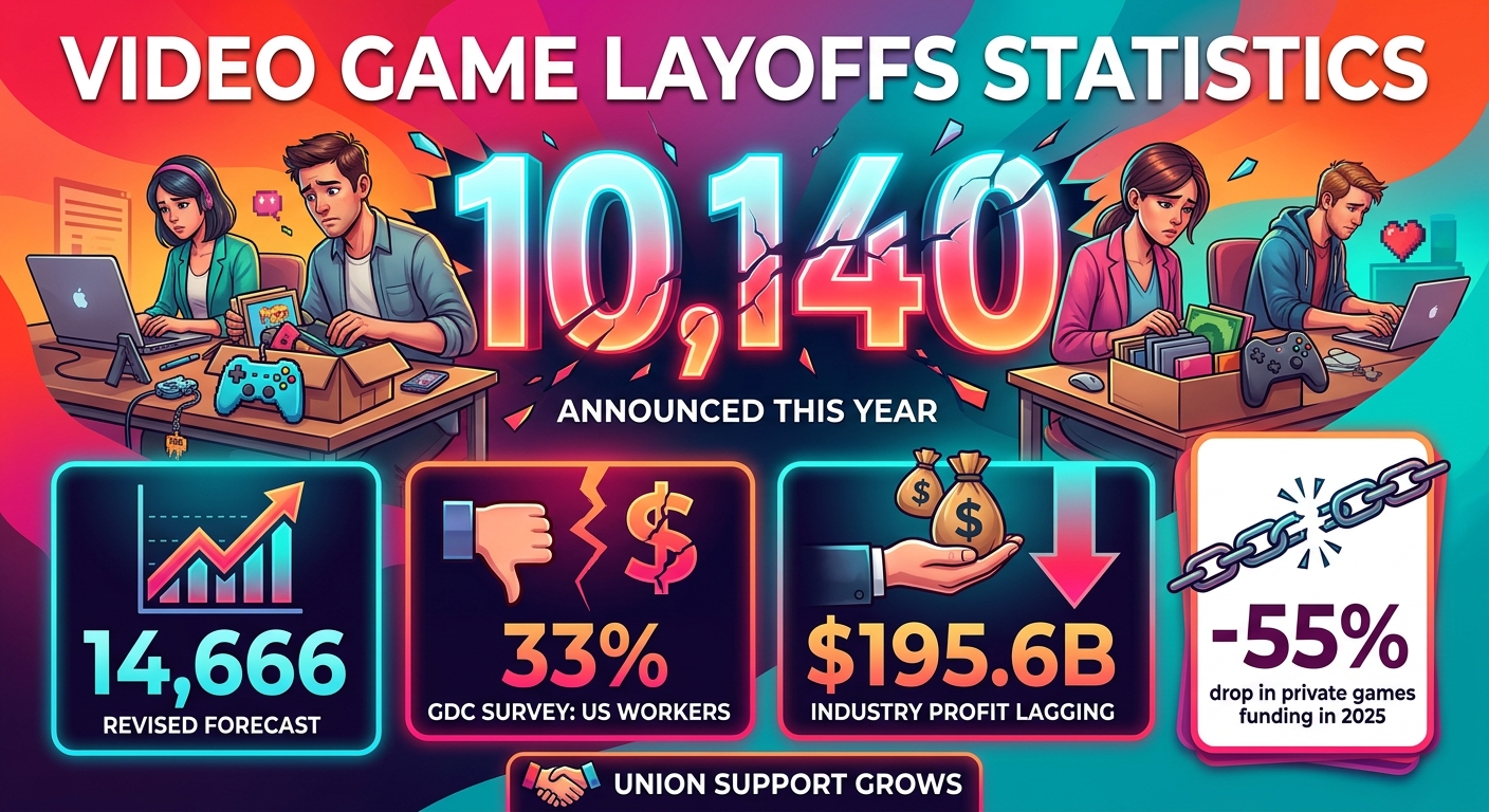 Video game layoffs statistics for 2026 showing annual job losses, layoff forecasts, major employer cuts, developer survey data, AI impact, and games industry funding.