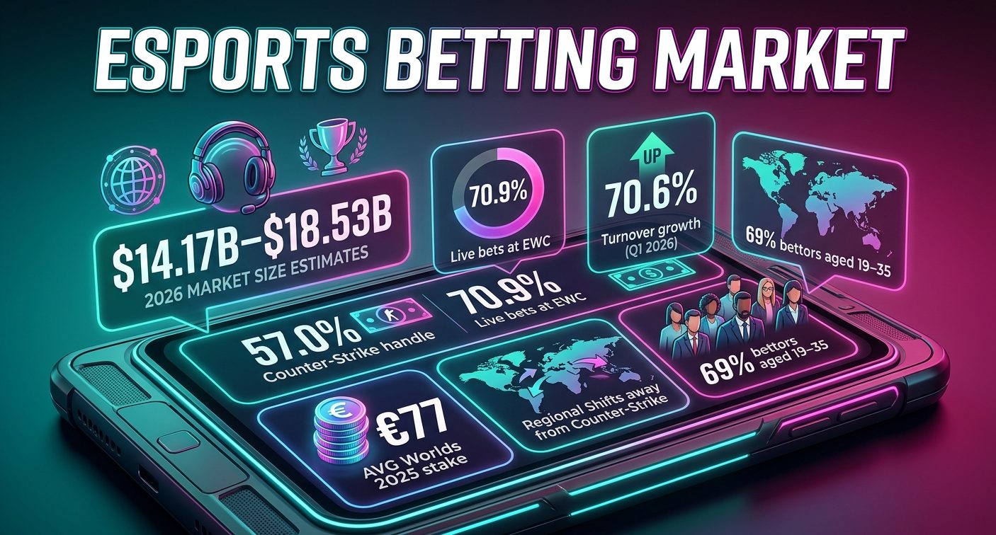 Esports betting market statistics for 2026 showing market size estimates, betting handle by game, live betting shares, average stakes, bettor demographics, and regional trends.