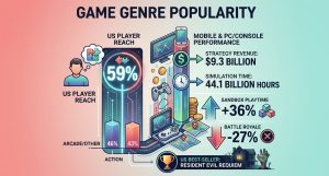 Game genre popularity statistics for 2026, comparing player demographics, mobile gaming revenue, PC and console playtime, sandbox growth, and US video game sales.