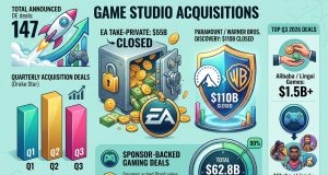 Game studio acquisitions statistics for 2026, showing quarterly deal volumes, record buyouts, major gaming mergers, private equity transactions, and differences between industry M&A trackers.