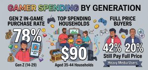 Gamer spending by generation statistics for 2026 showing in-game purchases, household game spending, full-price buying, parent spending, and US video game market data.