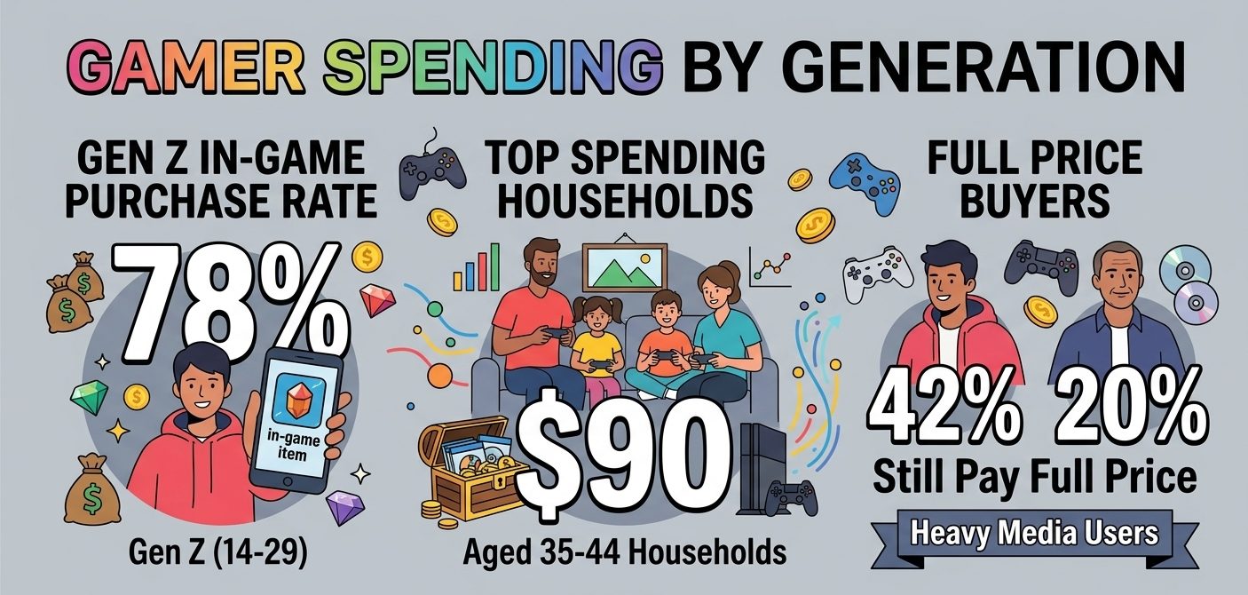 Gamer spending by generation statistics for 2026 showing in-game purchases, household game spending, full-price buying, parent spending, and US video game market data.