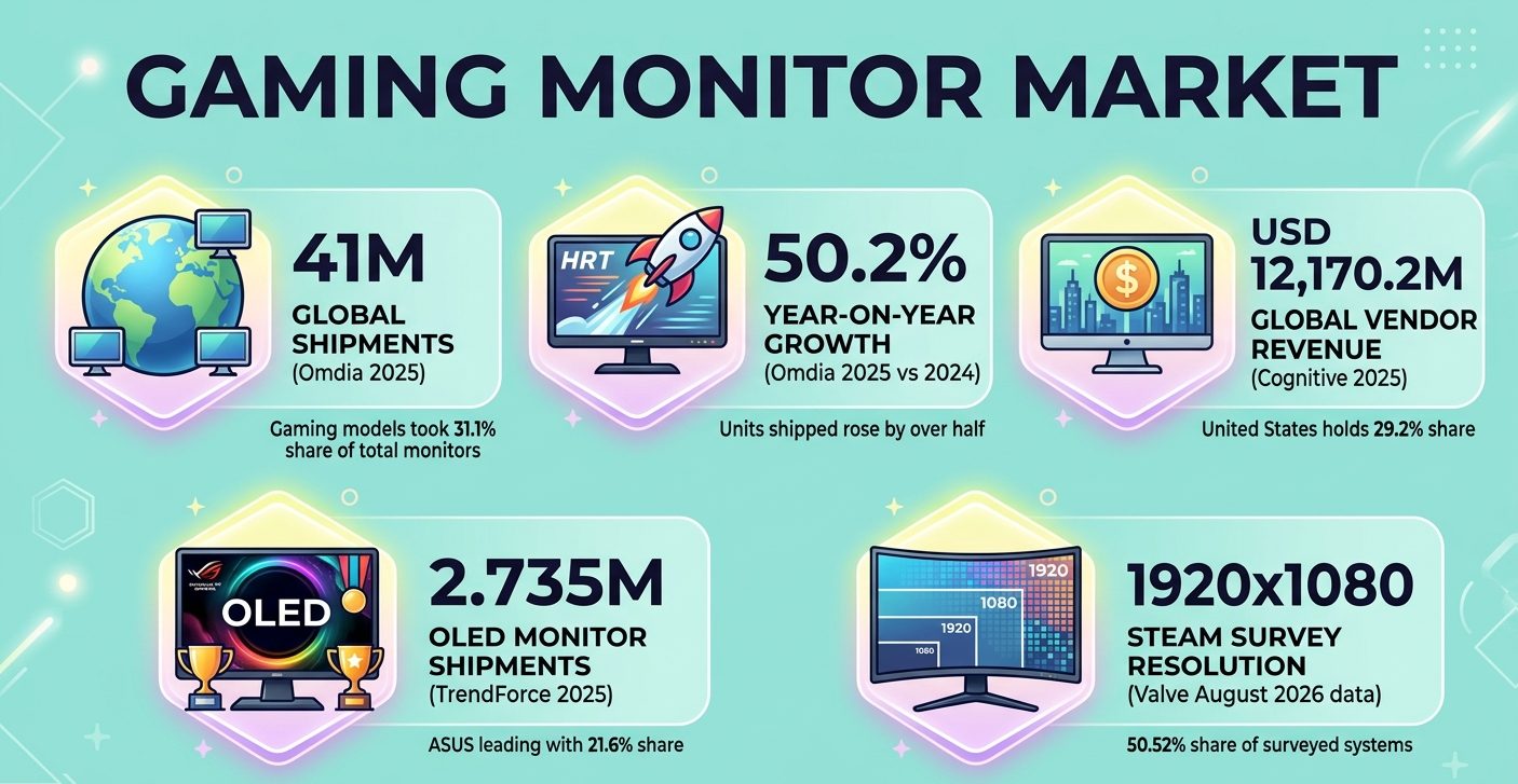 Gaming monitor market 2026 showing global shipments, revenue, country markets, regional shares, OLED brands, Steam resolutions, and market forecasts.