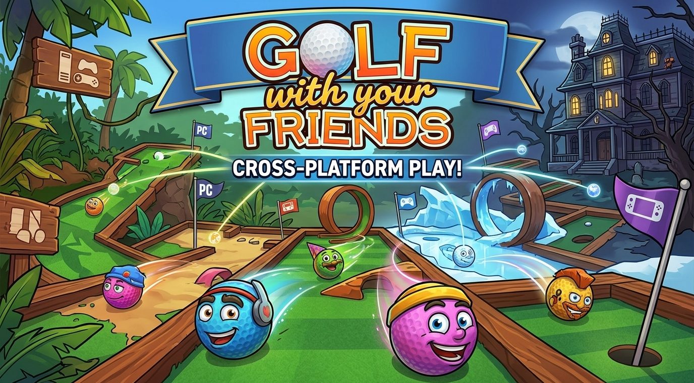 Golf With Friends cross-platform guide showing PC, PlayStation, Xbox, and Nintendo Switch crossplay, cross-save, and cross-generation compatibility in 2026.