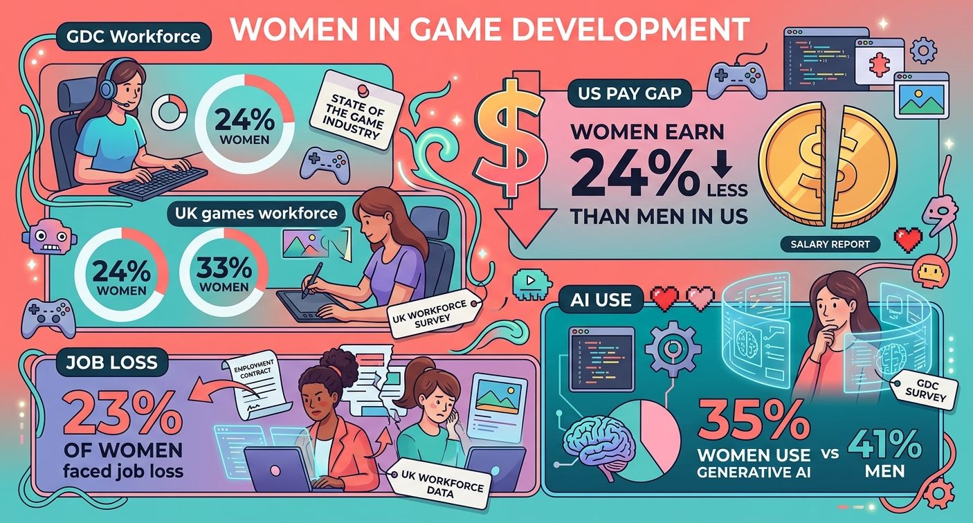 Women in game development statistics for 2026, featuring workforce representation, gender pay gaps, layoffs, AI adoption, international employment data, and women gamers.