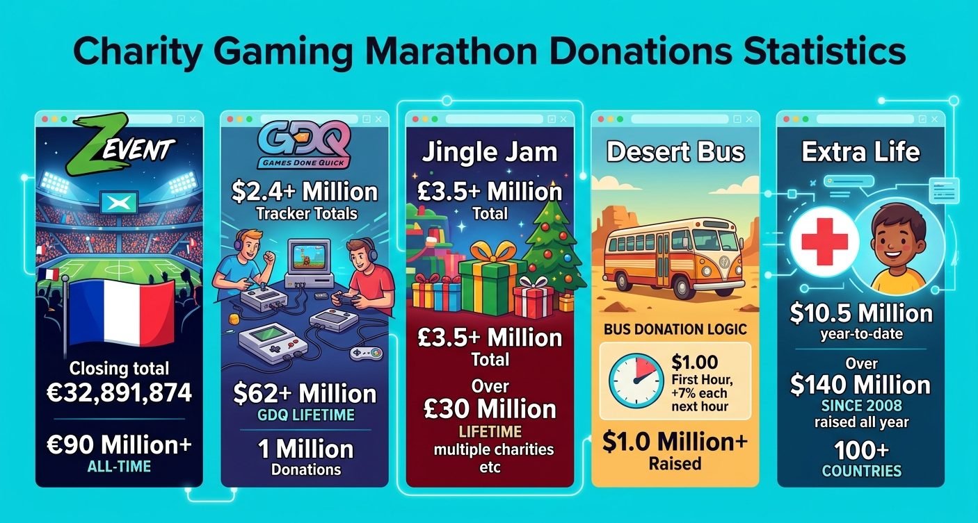 Charity gaming marathon donation statistics for 2026, featuring ZEvent, Games Done Quick, Jingle Jam, Desert Bus for Hope, and Extra Life fundraising totals.