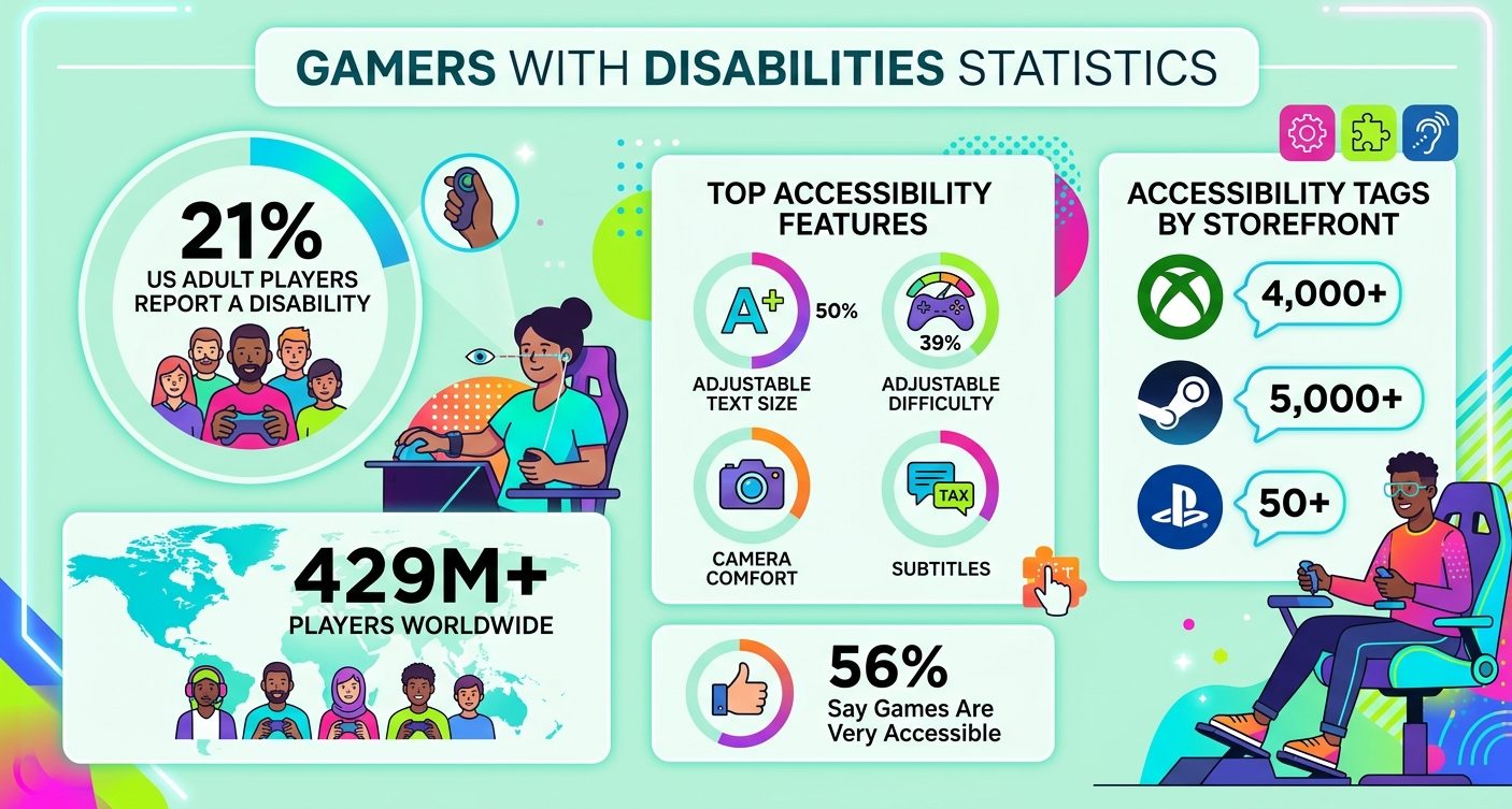 Gamers with disabilities statistics for 2026 showing disability rates, accessibility preferences, gaming accessibility tags, age-related barriers, and attitudes toward inclusive game design.