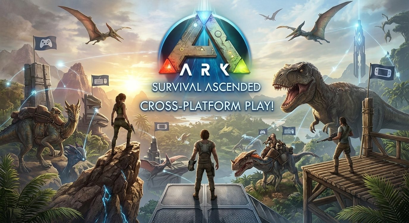 ARK: Survival Ascended cross-platform guide for 2026, explaining PC, PS5, and Xbox crossplay, PvP restrictions, private servers, and cross-save support.