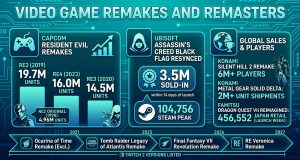 Video game remakes and remasters statistics for 2026, featuring Resident Evil remake sales, Assassin’s Creed Black Flag Resynced, Steam player peaks, Japanese retail sales, and upcoming releases through 2027.