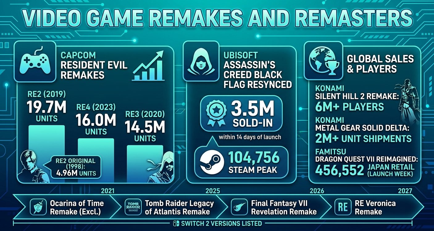 Video game remakes and remasters statistics for 2026, featuring Resident Evil remake sales, Assassin’s Creed Black Flag Resynced, Steam player peaks, Japanese retail sales, and upcoming releases through 2027.
